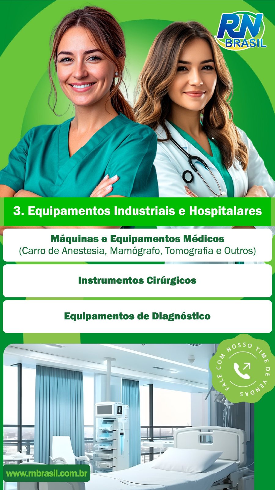 Carro de anestesia, mamógrafo e tomografia, instrumentos cirúrgicos e equipamentos de diagnóstico