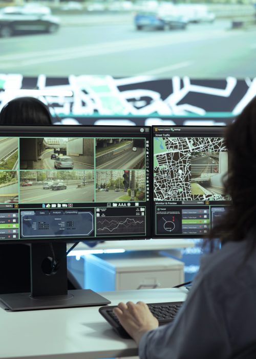 Call center employee providing shipment information via gps satellite navigation for their clients, ensuring fast delivery and order tracking service. Operator monitoring traffic for the couriers.